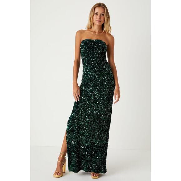 Lulus NWT $79 Sequin Maxi Dress Emerald Green Velvet Strapless Slit Womens XS - Picture 1 of 6